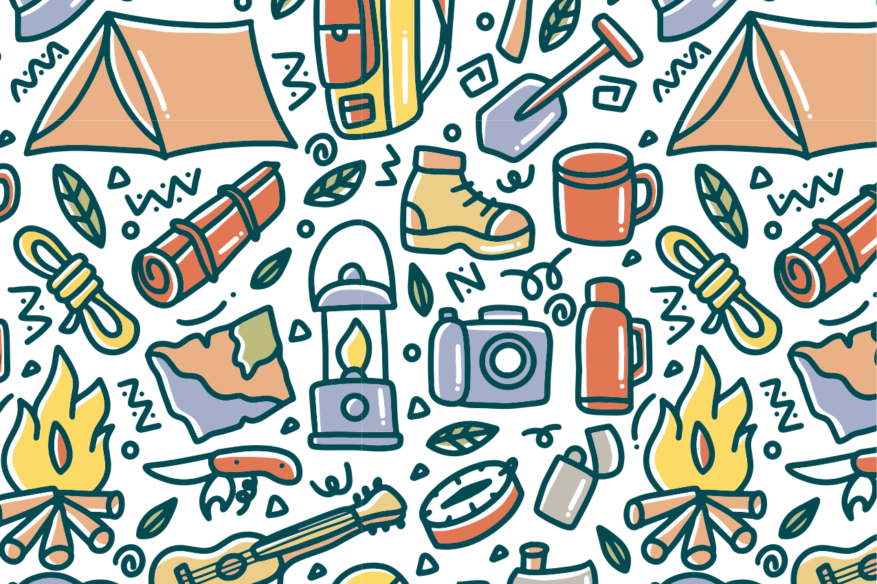 Elle çizilmiş dağ ve kamp malzemeleri placemats - TenStickers