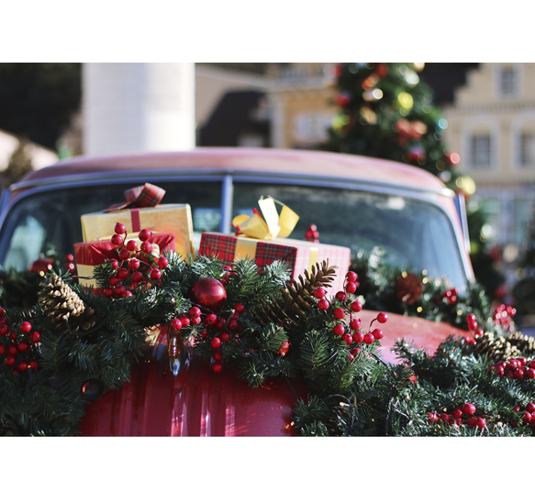 Kırmızı arabada yeşil ve kırmızı çelenk duvar kağıdı - TenStickers