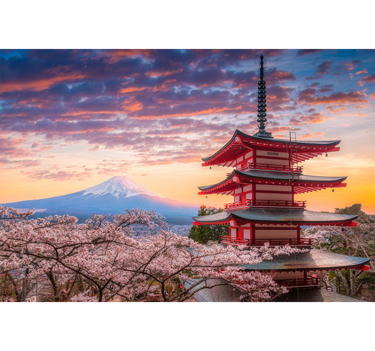 Fuji dağı ve japon yapıları duvar kağıdı - TenStickers