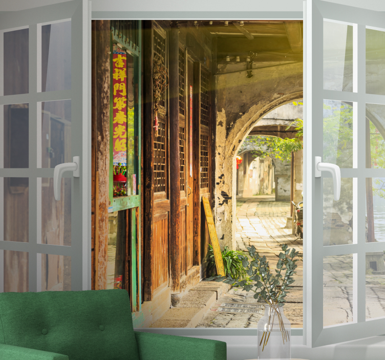 Eski şehir manzaralı pencere duvar resmi - TenStickers