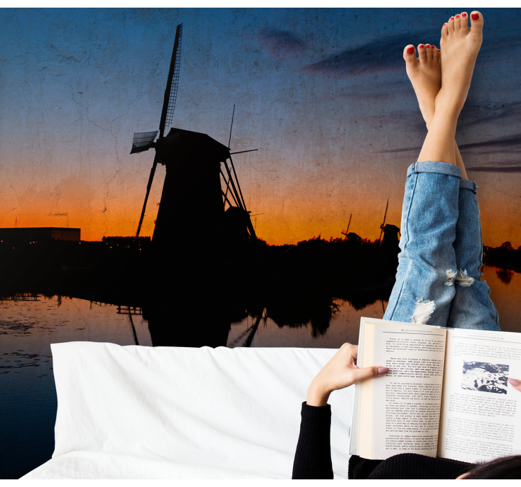 Gün batımında hollanda yel değirmeni duvar kağıdı - TenStickers