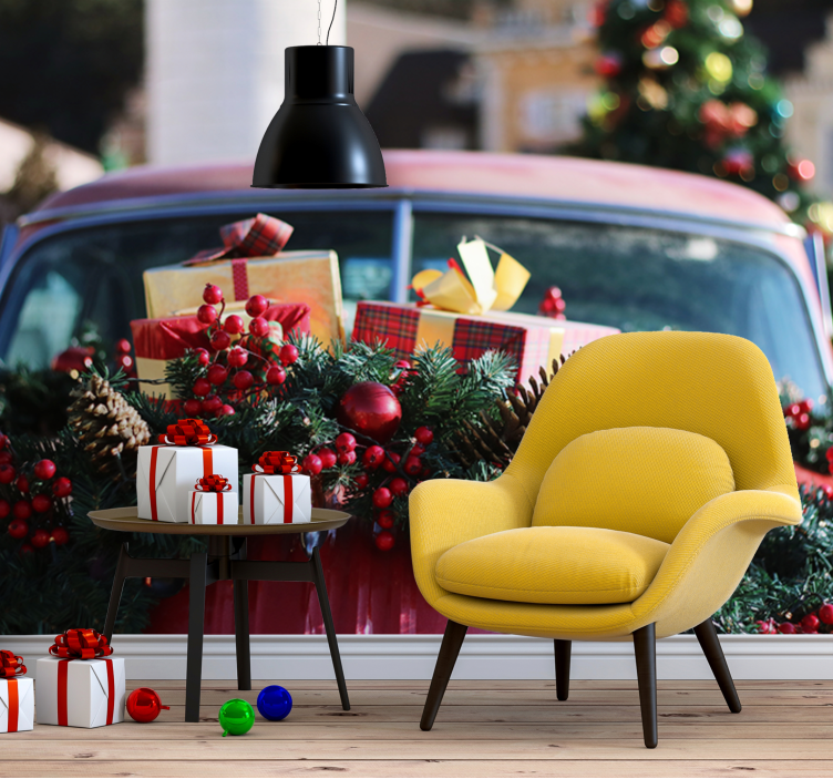 Kırmızı arabada yeşil ve kırmızı çelenk duvar kağıdı - TenStickers