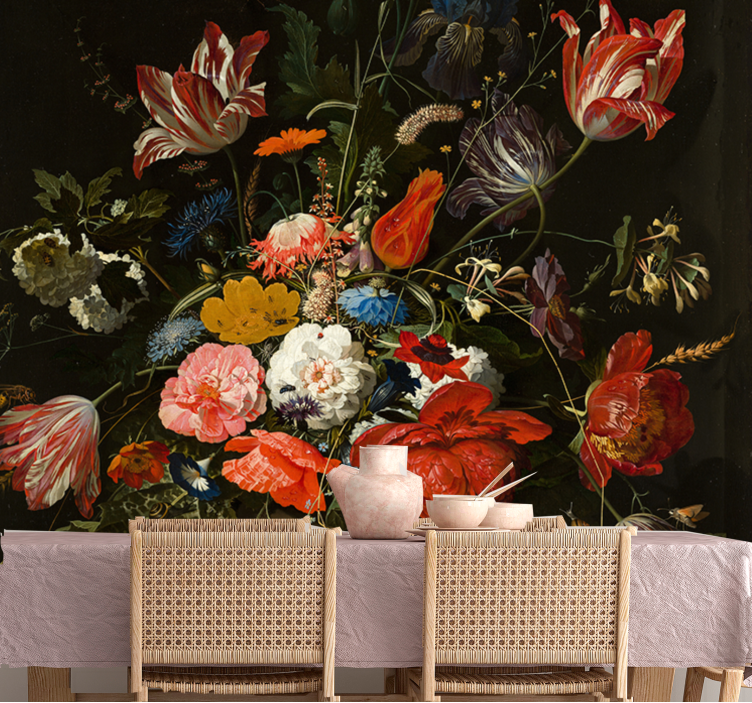 Kırmızı mavi ve beyaz çiçekler sanat duvar kağıdı - TenStickers