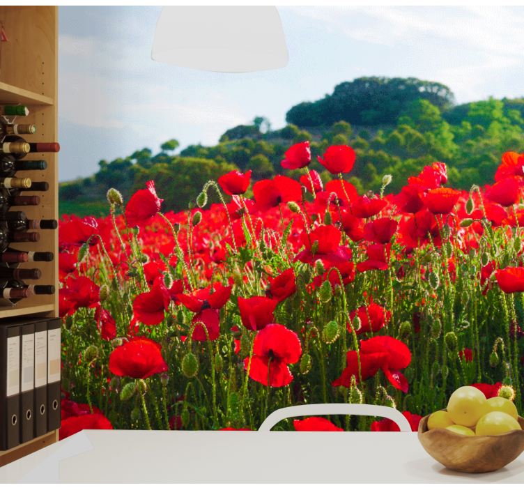 Kırmızı ve yeşil haşhaş tarlası haşhaş duvar kağıdı - TenStickers