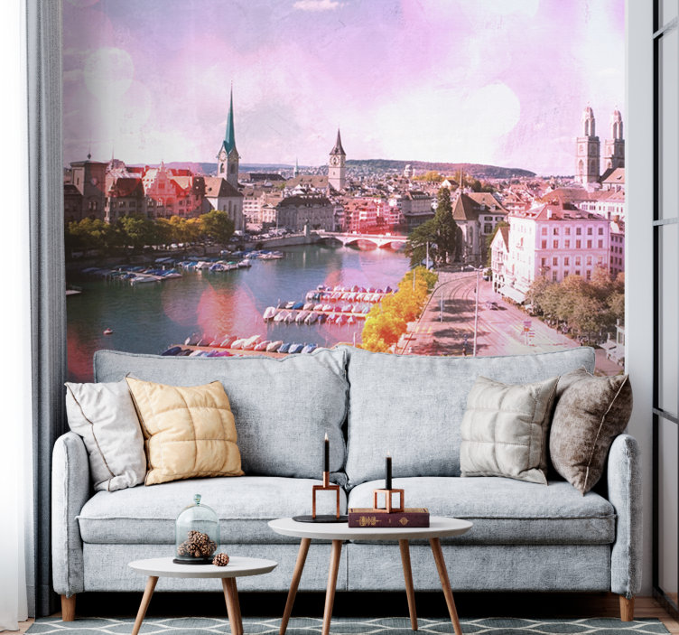 Zürih evleri ve göl havası manzaralı duvar kağıdı - TenStickers