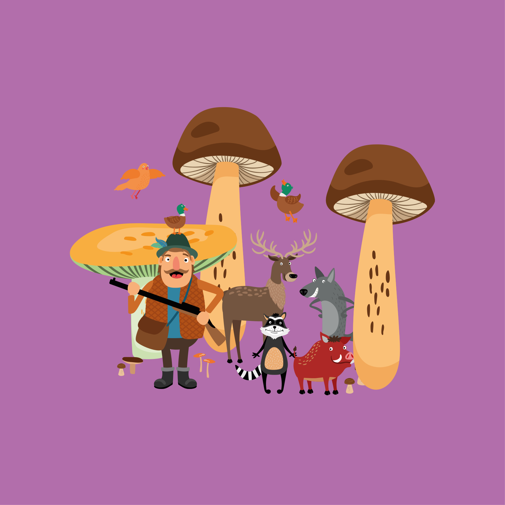 Çocuk odası poster mantar ormanında kuşlar - TenStickers