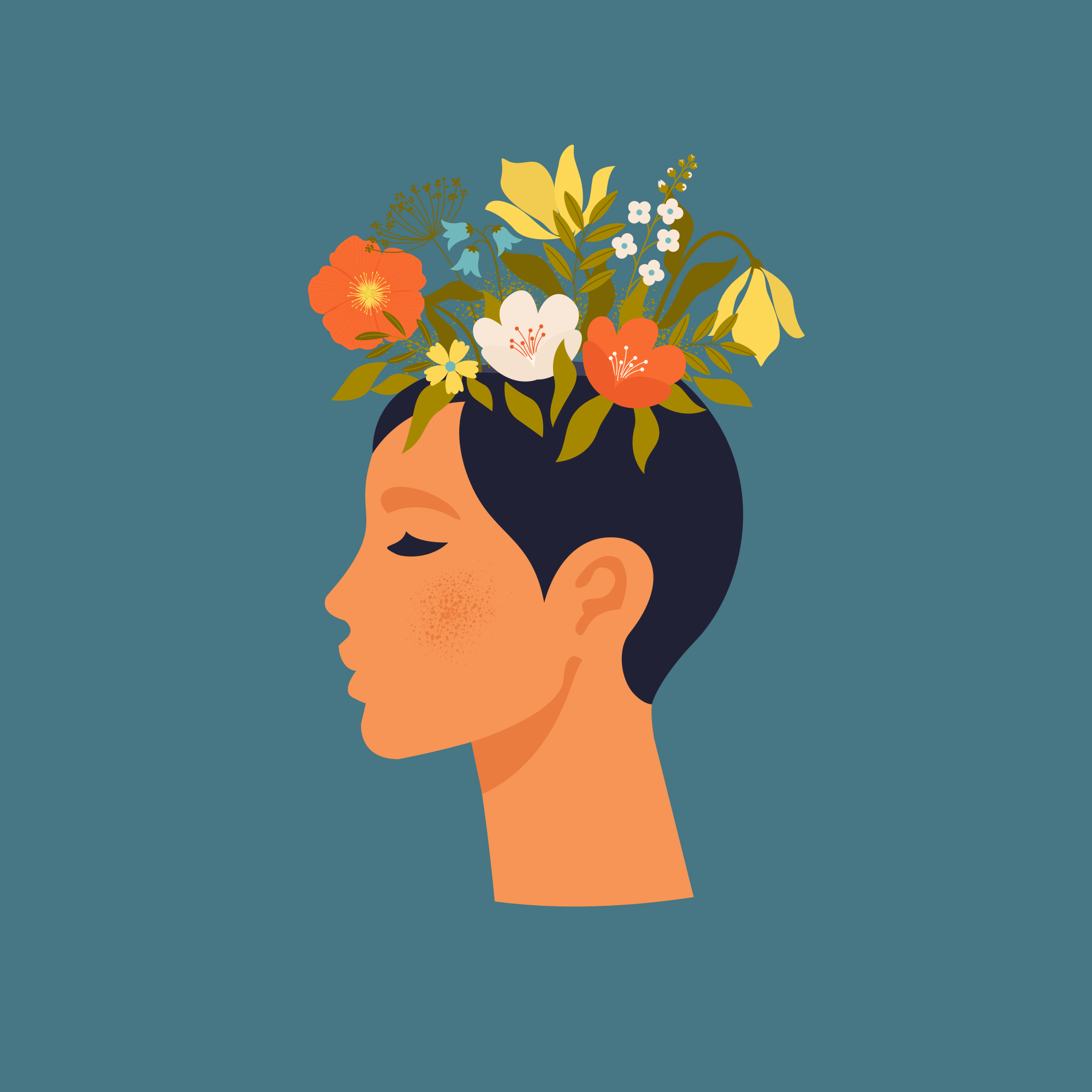 Çiçekler afiş soyut kadın mavi arka planlı - TenStickers