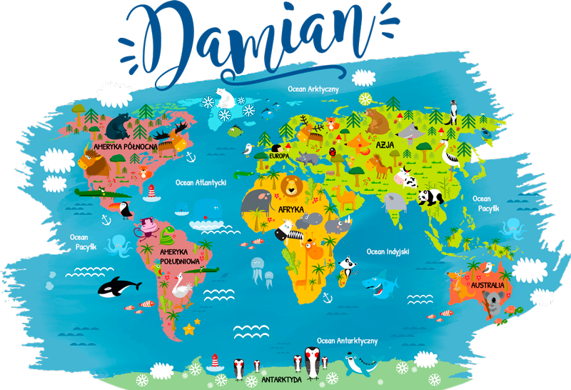Dünya haritası afiş polonyaca isimli hayvanlar - TenStickers