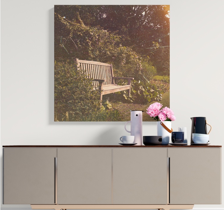 Bahçe çiçek tuvalinde cottagecore ahşap bank - TenStickers