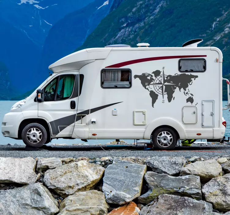 Dünya haritası ve pusula karavan çizim çıkartması için - TenStickers