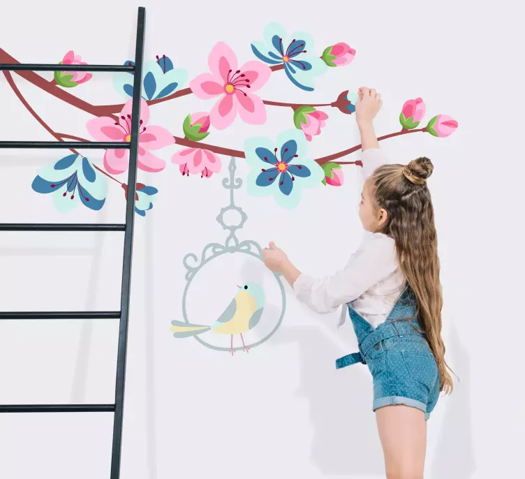 Açık kafes çıkartması ile mavi ve pembe çiçekler - TenStickers