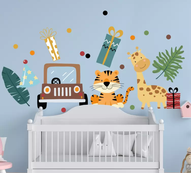 Araba ve hediyeler kreş çıkartması ile safari hayvanları - TenStickers