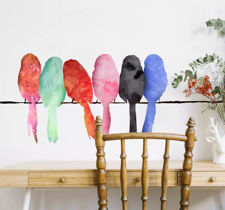 Bir tel üzerinde renkli kuşlar duvar sticker - TenStickers