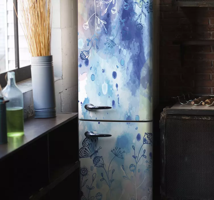 çiçek çizimi ve kelebekler buzdolabı çıkartması - TenStickers