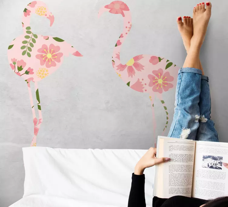 çiçek desenli flamingolar kuş duvar sticker - TenStickers