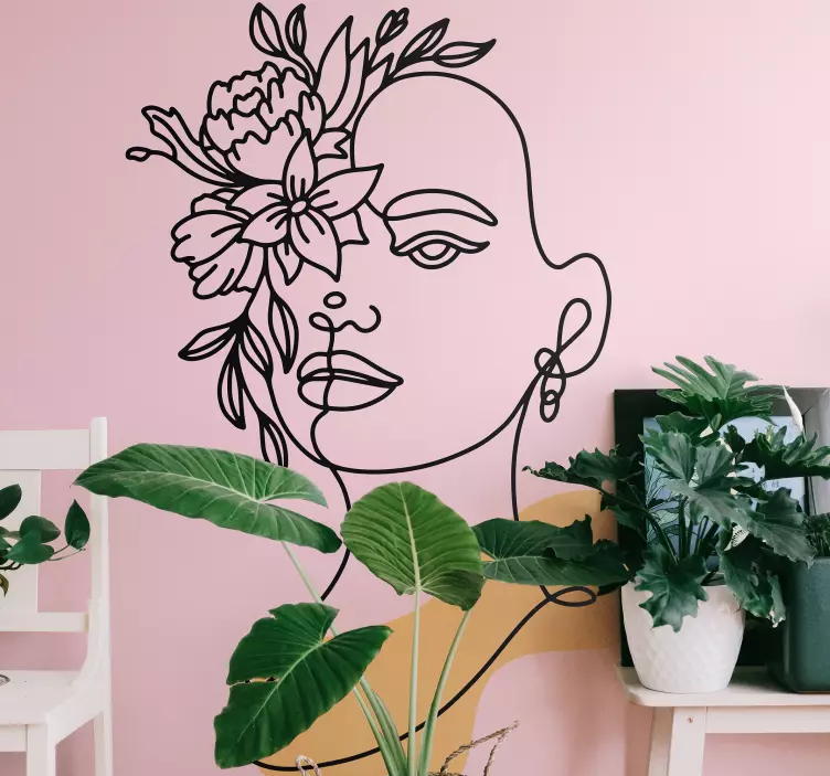 çiçek kadın baş çizgileri çiçek duvar sticker - TenStickers