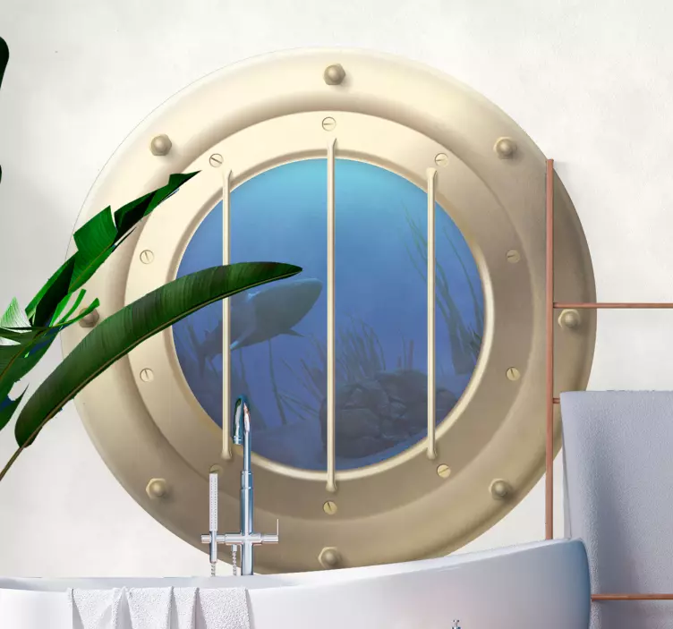 Denizaltı penceresindeki köpekbalıkları balık çıkartması - TenStickers