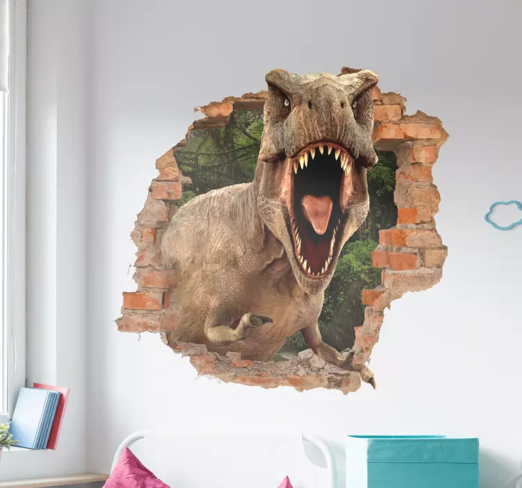 Dinozor trompe l'oeil duvar sticker - TenStickers