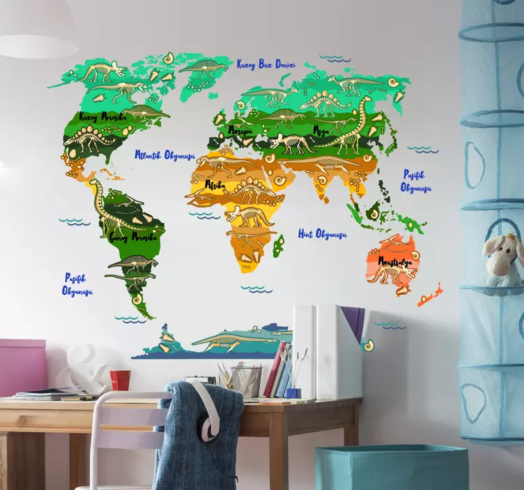 Dünya haritası dinozorlar duvar sticker - TenStickers