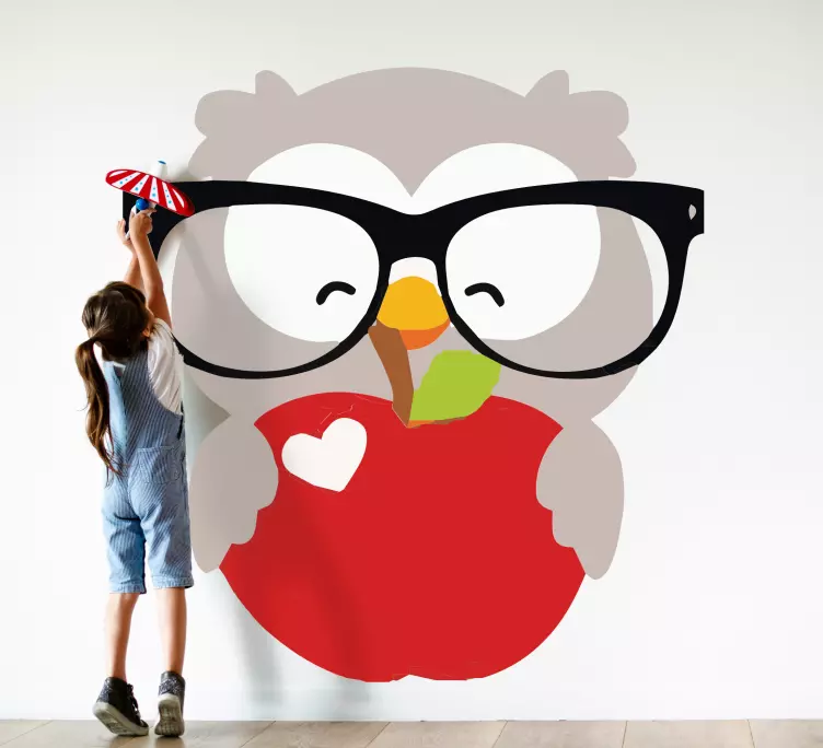 Elma kuş duvar çıkartması ile karikatür baykuş - TenStickers