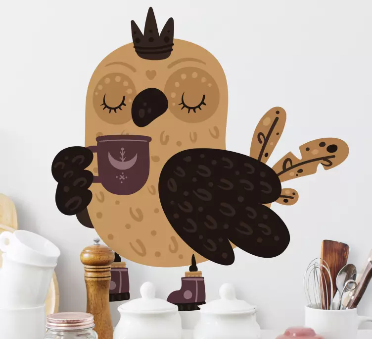 Kahve kupa mutfak duvar sticker ile kral baykuş - TenStickers