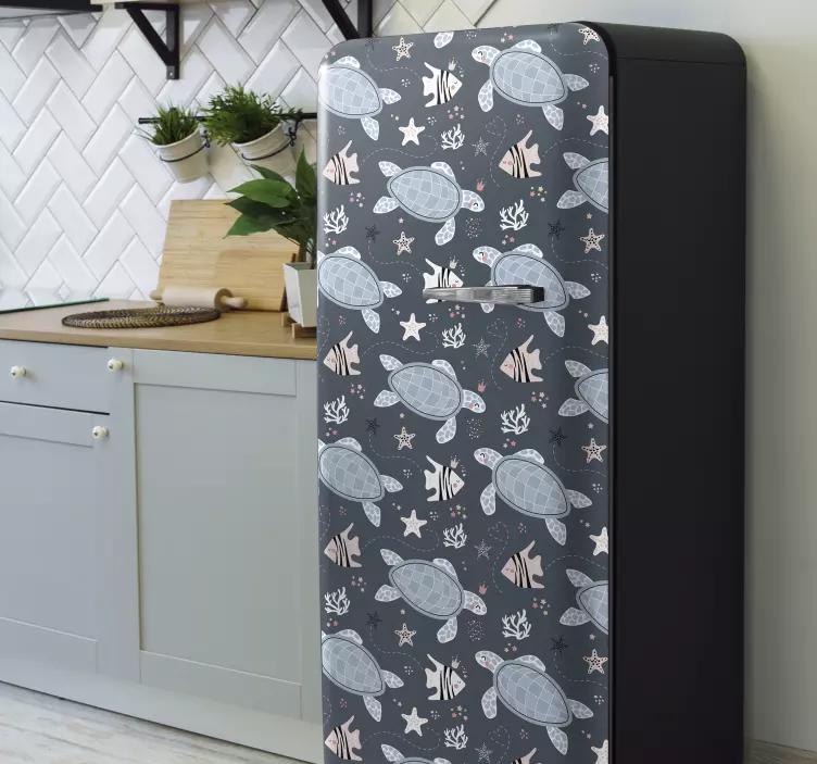 Deniz buzdolabı altında kaplumbağalar ve balık çıkartması - TenStickers