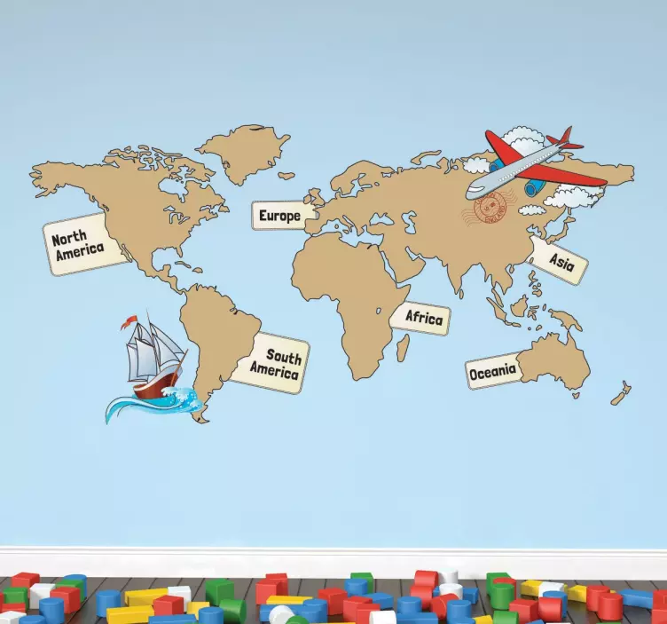 Kıta ile dünya haritası çıkartması - TenStickers