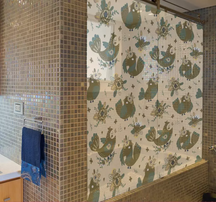 Kuşlar ve çiçekler oryantal desen duş çıkartması - TenStickers