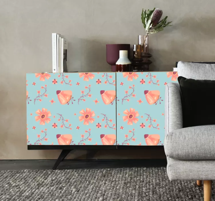 Mavi mobilya çıkartması üzerinde turuncu çiçekler - TenStickers