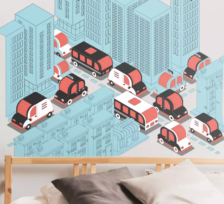 Nane mavisi meşgul şehir illüstrasyon çıkartması - TenStickers