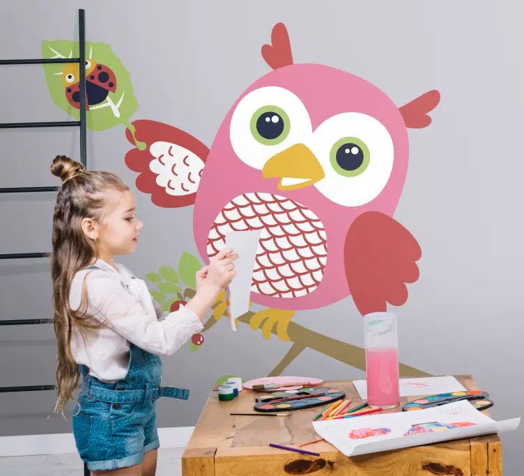 Pembe baykuş ve uğur böceği kuş duvar sticker - TenStickers