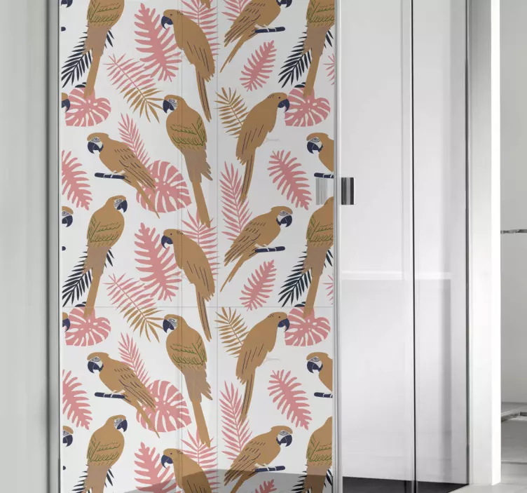 Pembe çiçekli turuncu papağanlar duş çıkartması - TenStickers