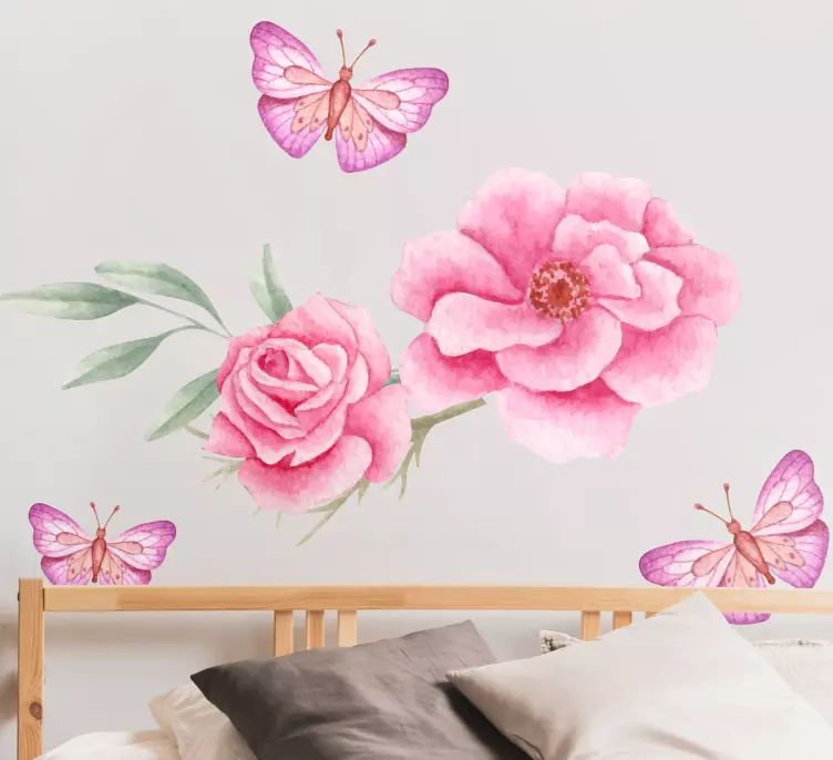 Pembe güller ve kelebekler çiçek duvar sticker - TenStickers