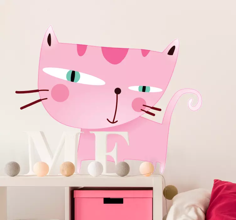Pembe kedi illüstrasyon duvar sticker - TenStickers