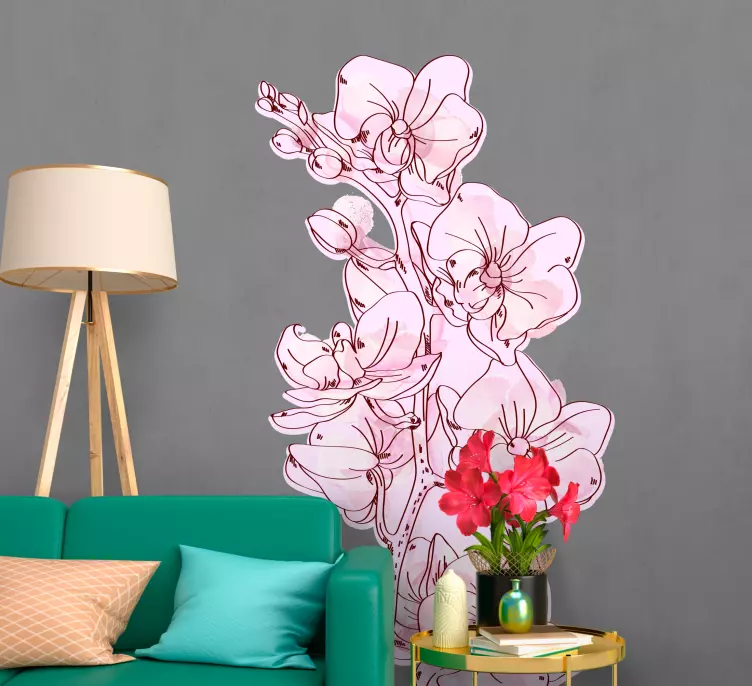 Pembe orkide illüstrasyon çiçek duvar sticker - TenStickers