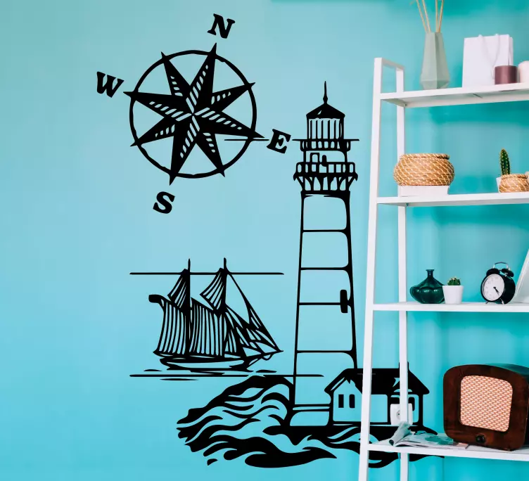 Pusula ile deniz feneri deniz duvar sticker - TenStickers