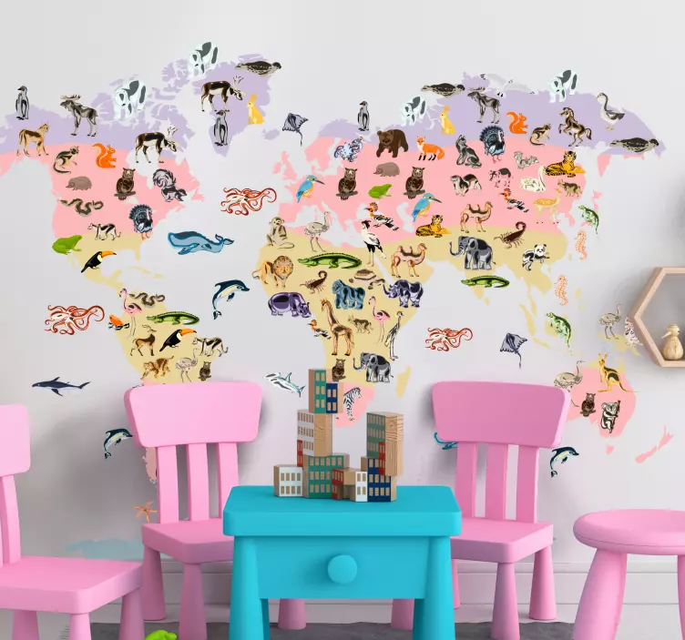 Renkli hayvanlar ve bitkiler dünya haritası çıkartması - TenStickers