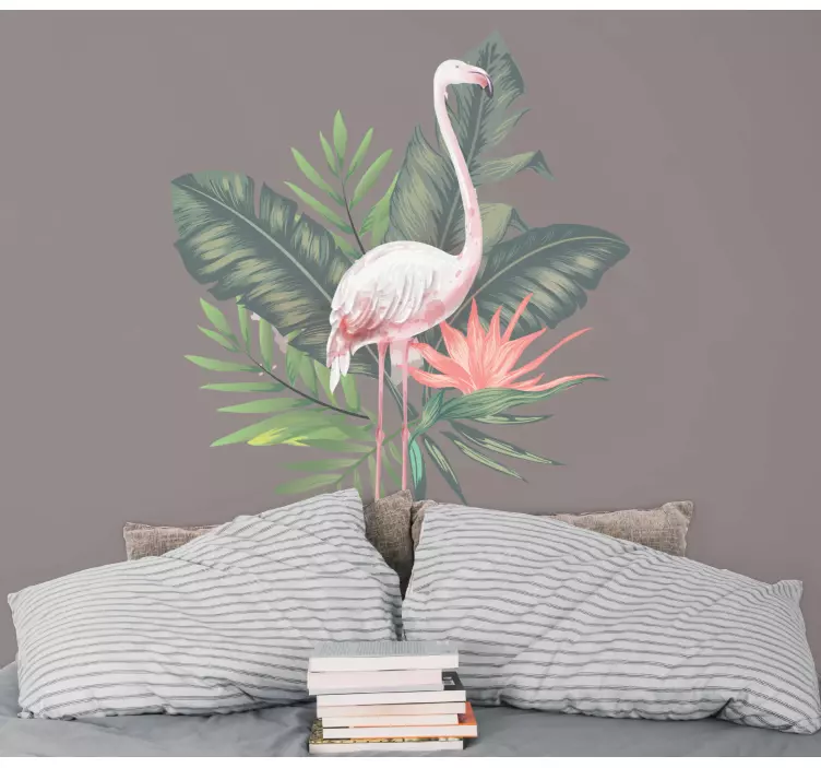 Su damlacıkları flamingo ve monstera yaprakları kuş sticker - TenStickers