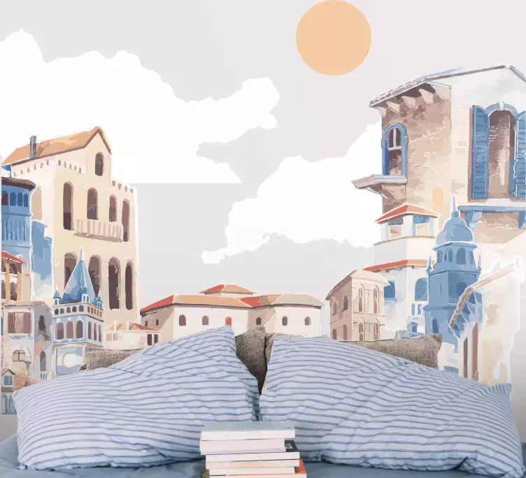 Suluboya şehir çizim illüstrasyon çıkartması - TenStickers