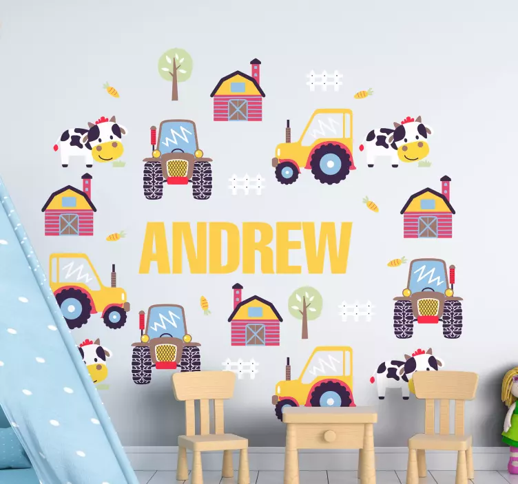 Adı traktörlerle çevrili oyuncak çıkartması - TenStickers