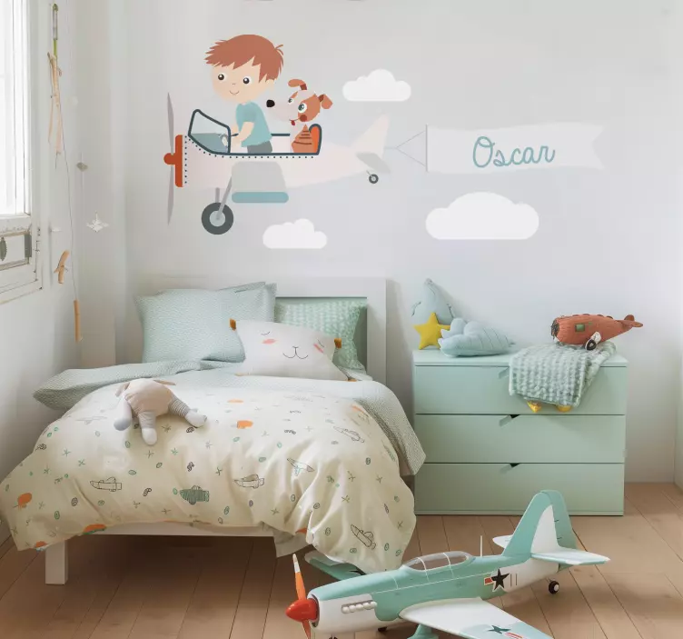 Uçakta çocuk ve köpek i̇llüstrasyonlar sticker - TenStickers