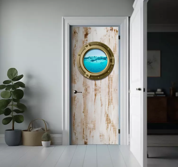 Yaşlanmış dokudaki gemi penceresi kapı sticker - TenStickers