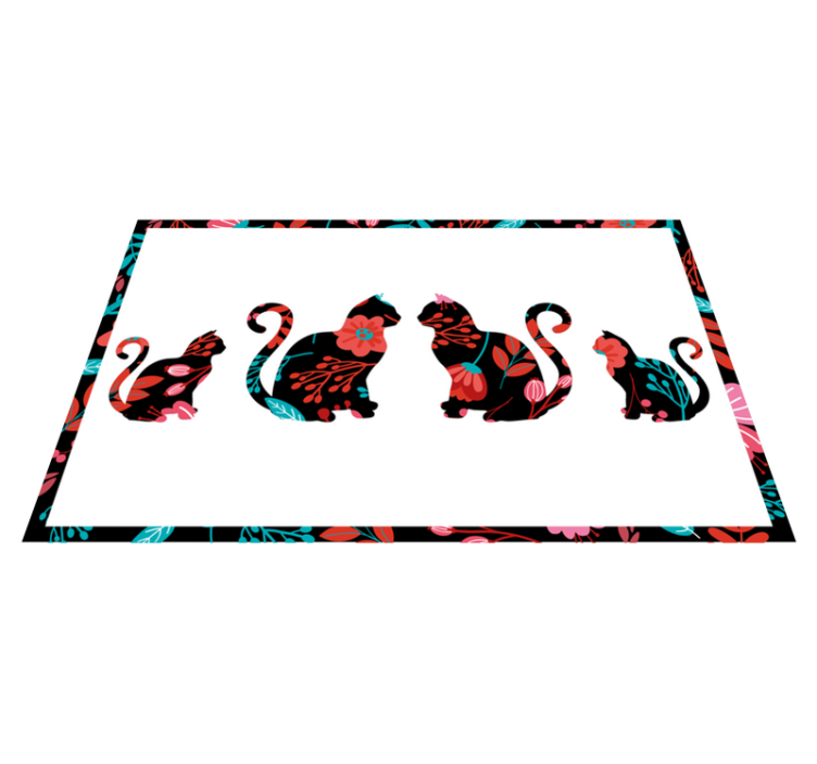 Renkli kedi silüetleri çiçekler ve bitkiler pvc halı - TenStickers