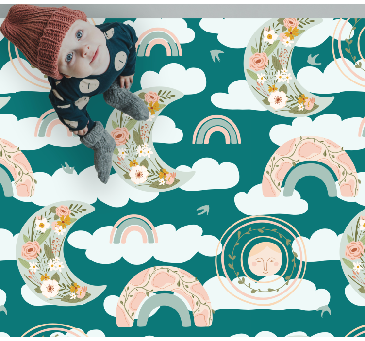 çiçekli ay gökkuşakları çocukta pvc halı - TenStickers