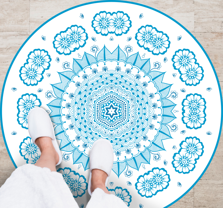 Detaylı çiçek mavi mandala vinil halı - TenStickers
