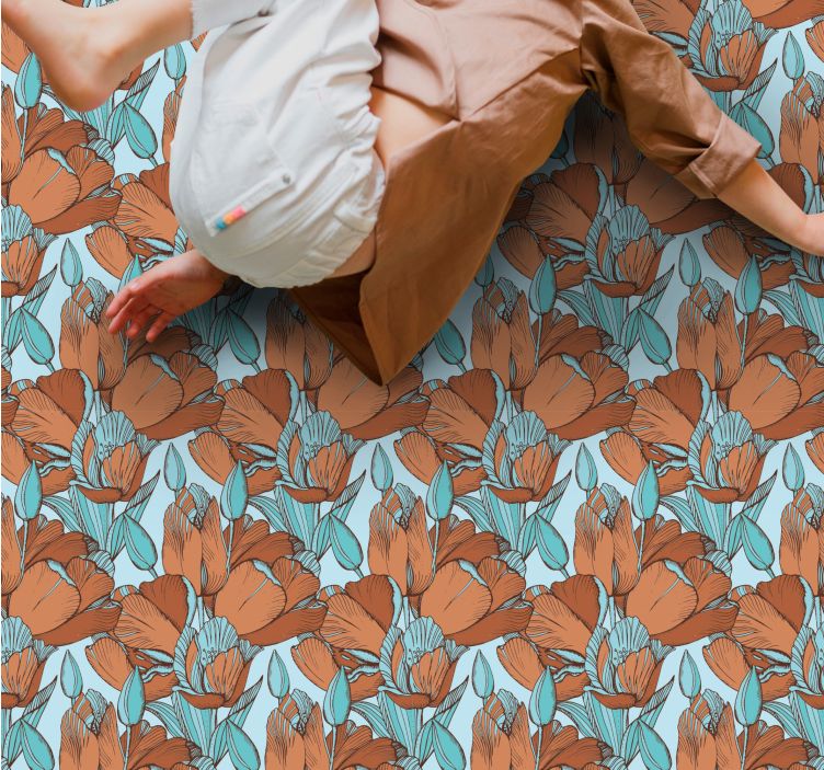 Kahverengi laleler sanatsal mavi tasarım çiçekli kilim - TenStickers