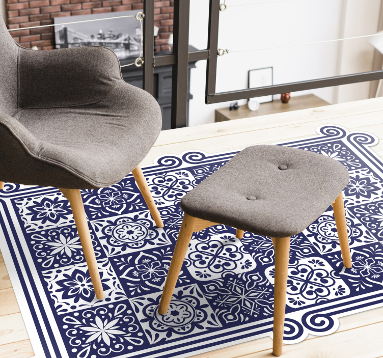 Mavi fayans ve beyaz şerit vinil oda kilim - TenStickers