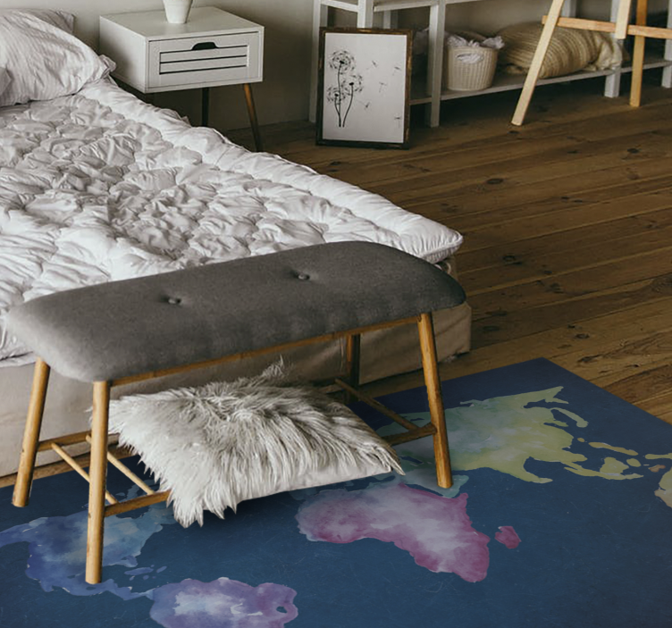 Sanatsal renkli mavi arka plan dünya haritası halı - TenStickers