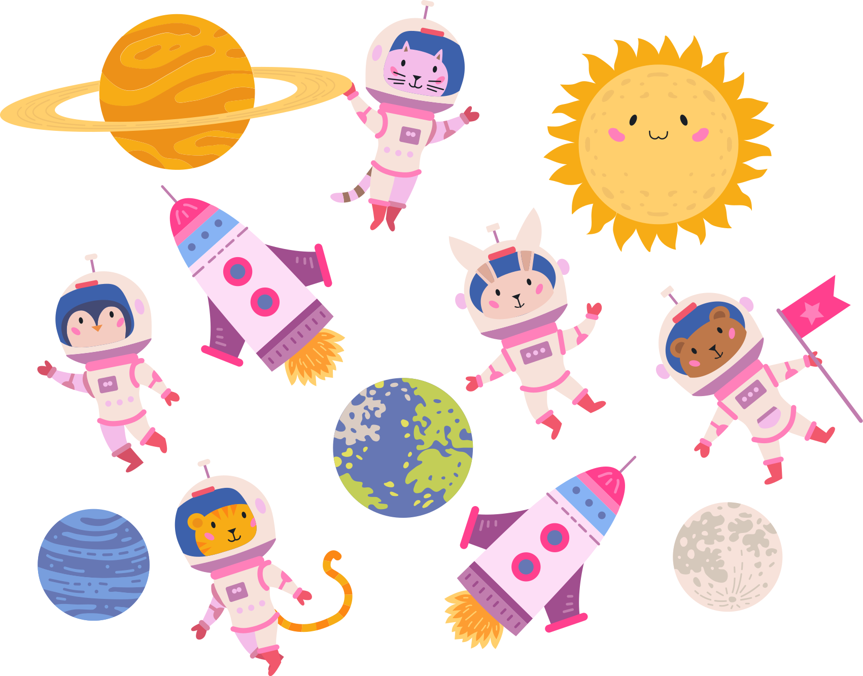Hayvan pvc halı uzayda hayvan astronotlar roketle - TenStickers