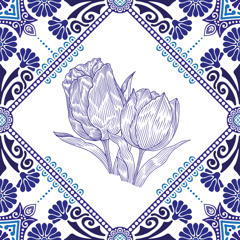 Mutfak pvc halı delft mavisi lale deseni - TenStickers